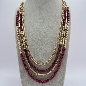 Layered Gold Tone Chain & Red Coral Acrylic Bead Necklace 17–19” (34” Long)